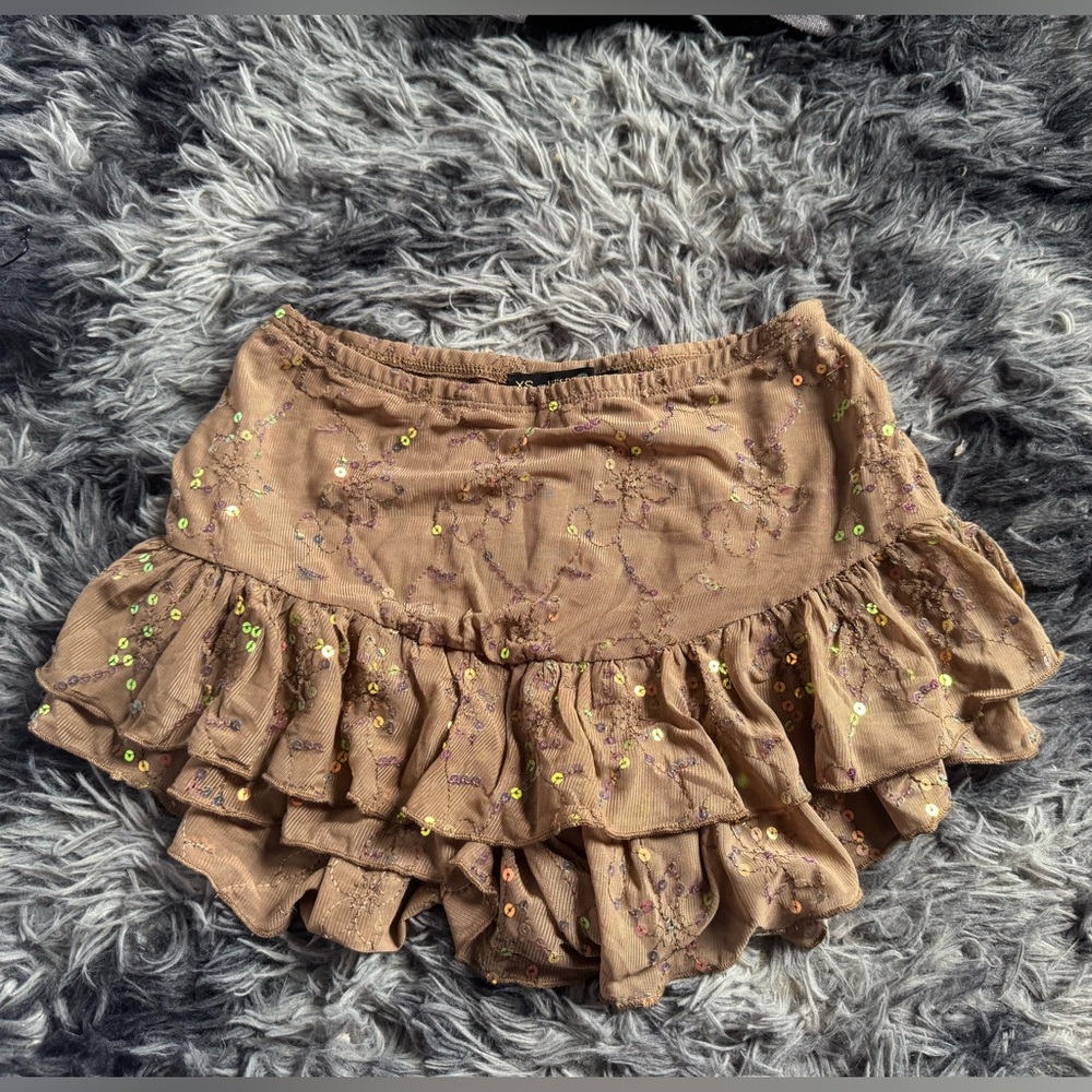 Ruffled Sequin Mini Skirt in Light Brown